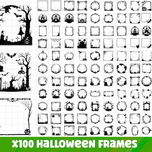 Könnte beinhalten: Eine Sammlung von 100 Halloween-Rahmen in Schwarz und Weiß. Die Rahmen umfassen verschiedene Formen und Designs, wie Kürbisse, Fledermäuse und Spukhäuser. Der Text "x100 Halloween Frames" wird unten angezeigt.