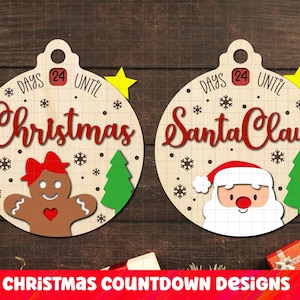 Può includere: Due ornamenti di Natale in legno per il conto alla rovescia. Il primo ornamento presenta un uomo di pan di zenzero con glassa rossa e bianca e il testo "Days 24 Until Christmas". Il secondo ornamento presenta Babbo Natale con un cappello rosso e una barba bianca e il testo "Days 24 Until Santa Claus".