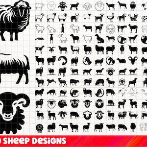 May include: A collection of 130 black and white sheep designs in various poses and styles. The designs include full body, head, and silhouette images of sheep. The text "X130 Sheep Designs" is displayed in red at the bottom of the image.