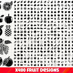 Puede incluir: Un diseño gráfico en blanco y negro con 400 ilustraciones de frutas diferentes. Las frutas incluyen manzanas, peras, cerezas, uvas, limones, limas, naranjas, piñas, sandías y más.