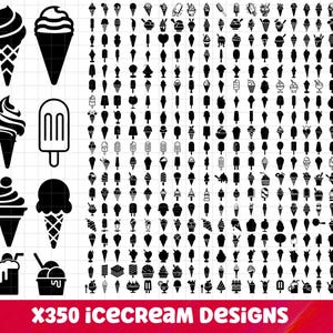Puede incluir: Una colección de 350 diseños de helados en blanco y negro. La imagen presenta conos de helado, polos y copas de helado. El texto "X350 icecream Designs" también está incluido.