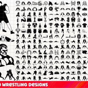 Pode incluir: Um conjunto de 220 gráficos vetoriais em preto e branco com tema de luta livre. Os gráficos incluem lutadores em várias poses, equipamentos de luta livre e outras imagens relacionadas. O texto "X220 WRESTLING DESIGNS" está na parte inferior da imagem.