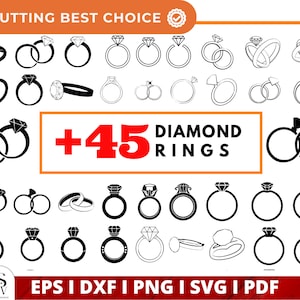 Pode incluir: Uma ilustração gráfica em preto e branco de 45 designs diferentes de anéis de diamante. O texto "CUTTING BEST CHOICE" e "+45 DIAMOND RINGS" estão incluídos na imagem. A imagem também inclui o texto "EPS I DXF I PNG I SVG I PDF".