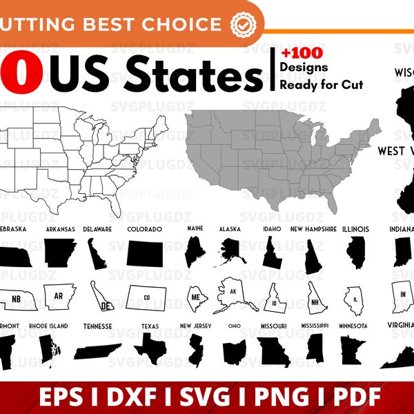 50 States SVG Bundle, Outline United states Map Svg file, Usa MAP SVG Files, States Svg Files For Cricut, All States Svg file, States Png.