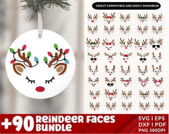 Christmas Reindeer Faces SVG Bundle, Reindeer SVG, Girl Reindeer SVG, Boy Reindeer Svg, Christmas 2022 Svg, Cute Reindeer Face Svg Cricut