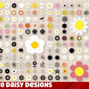 May include: A set of 180 daisy designs in various styles, colors, and sizes. The designs include black and white outlines, filled-in daisies, and daisies with different colored centers. The text "x180 Daisy Designs" is at the bottom of the image.