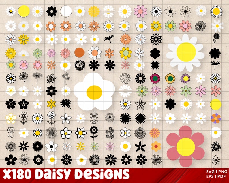 May include: A set of 180 daisy designs in various styles, colors, and sizes. The designs include black and white outlines, filled-in daisies, and daisies with different colored centers. The text "x180 Daisy Designs" is at the bottom of the image.