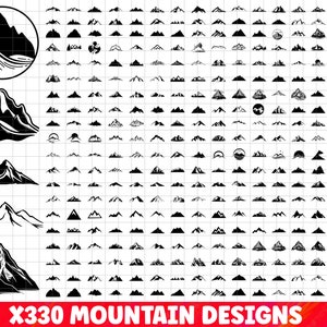 May include: A collection of 330 black and white mountain silhouette designs. The designs are arranged in a grid pattern on a white background. The text "X330 MOUNTAIN DESIGNS" is at the bottom of the image.