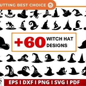 May include: A digital download of 60 witch hat designs in black and white. The designs are perfect for crafting, scrapbooking, and other creative projects. The text "+60 Witch Hat Designs" is displayed in a red box.