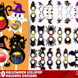 May include: Twenty Halloween lollipop holder designs featuring a variety of spooky characters, including ghosts, bats, spiders, gnomes, and haunted houses. The designs are in black, white, orange, purple, and green.