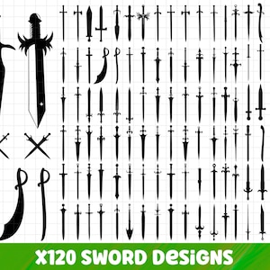 Puede incluir: Una colección de 120 diseños de espadas negras en varios estilos. La imagen incluye espadas con hojas rectas y curvas, con diferentes diseños de empuñaduras y guardas. El texto "X120 SWORD Designs" está en la parte inferior, con información del tipo de archivo.