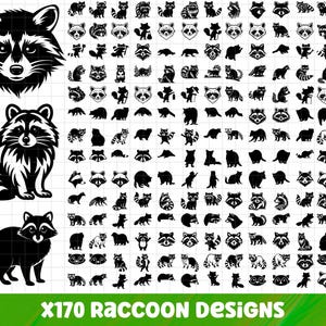 May include: A collection of 170 raccoon designs in black and white. The designs include various raccoon illustrations, including full body, headshots, and silhouettes. The text "X170 Raccoon Designs" is at the bottom in green.