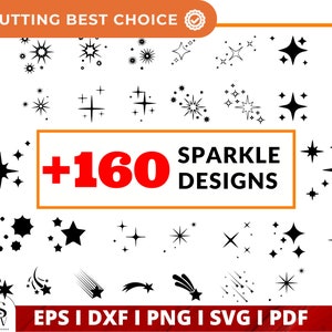 Puede incluir: Una descarga digital de más de 160 diseños de brillo en blanco y negro. Los diseños son perfectos para manualidades, scrapbooking y otros proyectos creativos. El texto "CUTTING BEST CHOICE" está en la parte superior de la imagen. El texto "EPS I DXF I PNG I SVG I PDF" está en la parte inferior de la imagen.