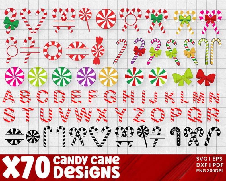 May include: A set of 70 candy cane designs in red and white, black and white, and various colors. The designs include letters of the alphabet, candy canes, bows, and peppermint swirls. The text "Candy Cane Designs" is at the bottom of the image.