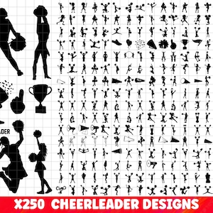 May include: A set of 250 black and white silhouette designs of cheerleaders in various poses. The designs include cheerleaders holding pom-poms, megaphones, and trophies. The text "X250 CHEERLEADER DESIGNS" is at the bottom of the image.