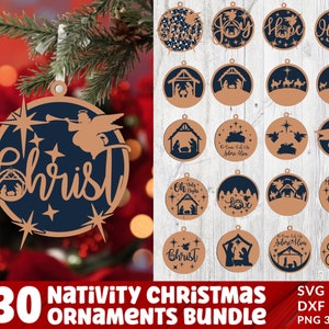 May include: A set of 30 digital cut files for Christmas ornaments featuring a variety of Nativity scenes, religious phrases, and festive greetings. The ornaments are designed in a rustic style with a brown wood background and white lettering.