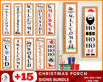 May include: A set of 15 Christmas porch signs featuring various festive designs, including welcome signs, holiday greetings, and Santa Claus. The signs are in a variety of colors, including red, green, white, and black. The signs are perfect for adding a festive touch to your home during the holiday season.