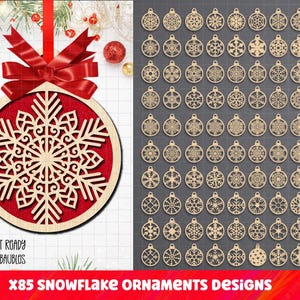 Op de afbeelding: Een set van 85 lasergesneden sneeuwvlok ornamenten. De ontwerpen zijn ingewikkeld en gedetailleerd en zouden prachtige kerstversieringen maken. De ontwerpen zijn beschikbaar in SVG, EPS, PDF en PNG formaten.