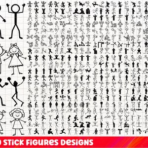 Peut inclure: Une collection de 410 dessins de bonhommes allumettes noirs, représentant diverses poses et activités. Les dessins incluent des bonhommes allumettes de personnes, d'enfants et de symboles. Le texte "X410 STICK FIGURES DESIGNS" est affiché en rouge en bas.