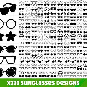 Op de afbeelding: Een verzameling van 330 zonnebrilontwerpen in zwart, waaronder verschillende stijlen zoals pilotenbrillen, ronde, cat-eye en stervormige monturen. De afbeelding bevat de tekst "X330 SUNGLASSES DESIGNS" en bestandsinfo.