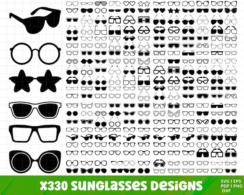 May include: A collection of 330 sunglasses designs in black, including various styles like aviator, round, cat-eye, and star-shaped frames. The image includes the text "X330 SUNGLASSES DESIGNS" and file type information.