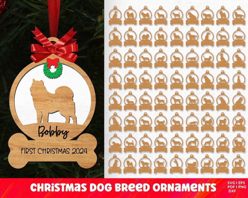 May include: A wooden Christmas ornament featuring a silhouette of a dog breed with the text "Bobby First Christmas 2024". The ornament is surrounded by a wreath and a red bow. The image also shows a grid of various dog breed silhouettes.