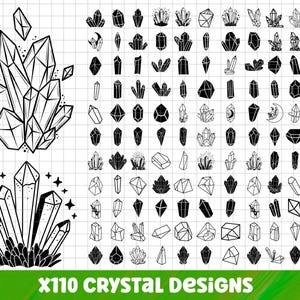 May include: A collection of black and white crystal designs, featuring diverse shapes such as clusters, points, and geometric forms. The image includes the text "X110 CRYSTAL DESIGNS" in white on a green background, with file type information.