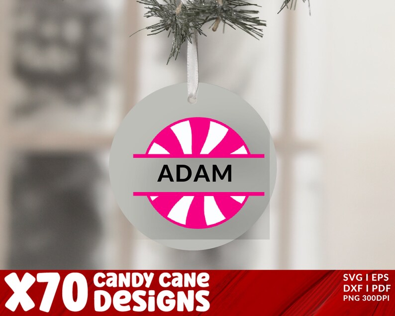 May include: A white circle ornament with a pink and white candy cane design and the name "ADAM" in black text.