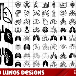 May include: A set of 70 black and white lung designs. The designs are in various styles, including simple outlines, detailed illustrations, and stylized representations. The designs are perfect for use in medical illustrations, educational materials, or creative projects.