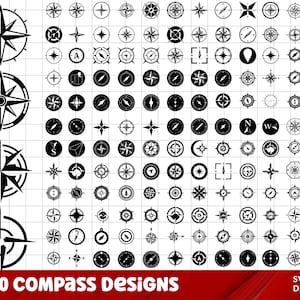 May include: A black and white graphic design sheet with 160 different compass designs. The designs include various compass shapes, sizes, and styles.