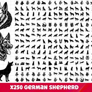 May include: Black and white graphic of a German Shepherd dog with various poses and silhouettes. Includes detailed head portraits and a standing silhouette. The text "X250 German Shepherd" is at the bottom.