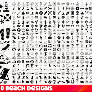 May include: A black and white graphic design set of 400 beach-themed icons. The icons include images of palm trees, seashells, lighthouses, sunglasses, flip-flops, beach umbrellas, surfboards, and more.
