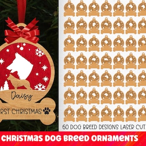 May include: A set of 60 laser cut ready dog breed Christmas ornaments. The ornaments are in the shape of a circle with a dog silhouette inside. The ornaments are ready to be personalized with a name and the text "First Christmas".