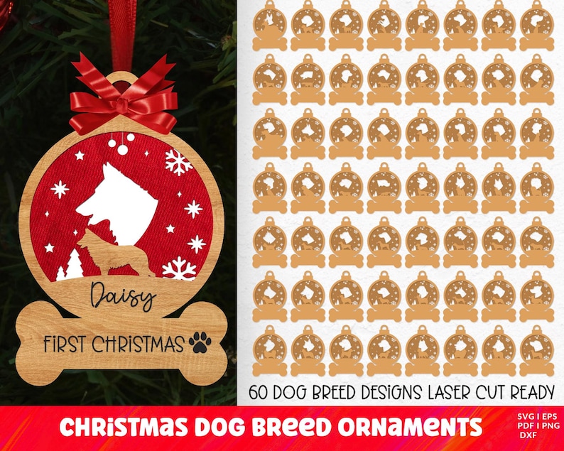 May include: A set of 60 laser cut ready dog breed Christmas ornaments. The ornaments are in the shape of a circle with a dog silhouette inside. The ornaments are ready to be personalized with a name and the text "First Christmas".