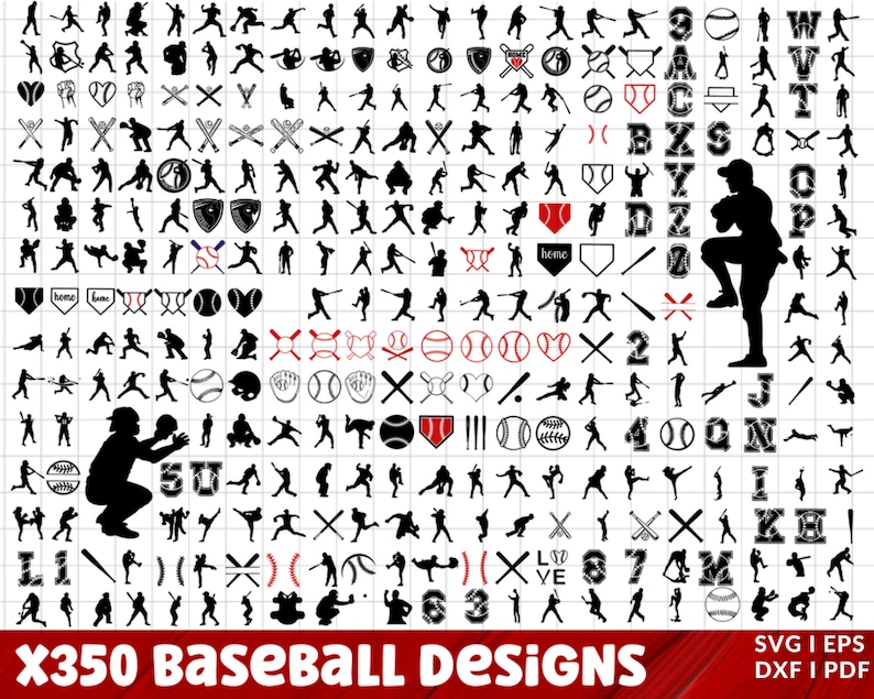 May include: A digital download of 350 baseball-themed designs in black and white. The designs include players, bats, balls, and other baseball-related imagery. The text "X350 Baseball Designs" is at the bottom of the image. The text "SVG I EPS DXF I PDF" is at the bottom right of the image.