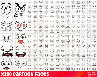 Dessin animé émotion visages SVG Bundle, Kawaii visage SVG, mignon drôle de tête SVG, Emoji visage, clipart visage dessin animé, visage de bande dessinée, png, silhouette