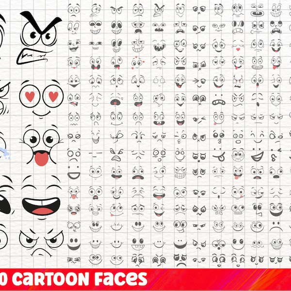 Cartoon Emotion Gesichter SVG Bundle, Kawaii Gesicht SVG, süßes lustiges Gesicht SVG, Emoji Gesicht, Cartoon Gesicht Clipart, Comics Gesicht, Png, Silhouette