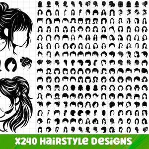 Op de afbeelding: Zwart-wit vectorillustraties van verschillende kapsels. De afbeelding bevat een verscheidenheid aan haarontwerpen, van knotjes en paardenstaarten tot korte bobs en lange, vloeiende stijlen. De tekst "X240 Hairstyle Designs" staat onderaan.