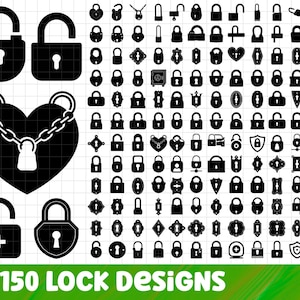May include: A collection of 150 black lock designs in various shapes and styles. Includes padlocks, heart-shaped locks, and locks with unique keyholes. The image also contains the text "X150 LOCK DESIGNS".