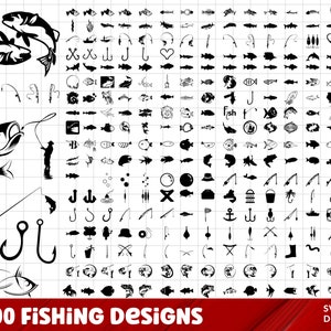 May include: A black and white digital illustration of over 300 fishing-themed designs. The designs include fish, fishing rods, hooks, lures, and other fishing-related items. The text "X300 FISHING DESIGNS" is at the bottom of the image. The text "SVG I EPS DXF I PDF" is at the bottom right of the image.