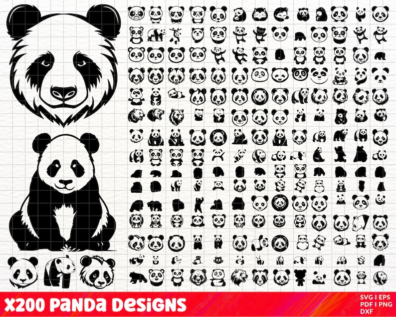 May include: A set of 200 black and white panda bear illustrations. The designs include various poses and expressions of the panda, including a large panda head with a serious expression, a panda sitting with its paws crossed, and a panda with a playful expression.