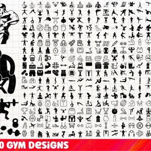 May include: A black and white graphic design set of 350 gym-themed icons. The icons include various fitness equipment, exercises, and motivational quotes. The set is perfect for creating gym-related designs, such as t-shirts, posters, and social media graphics.
