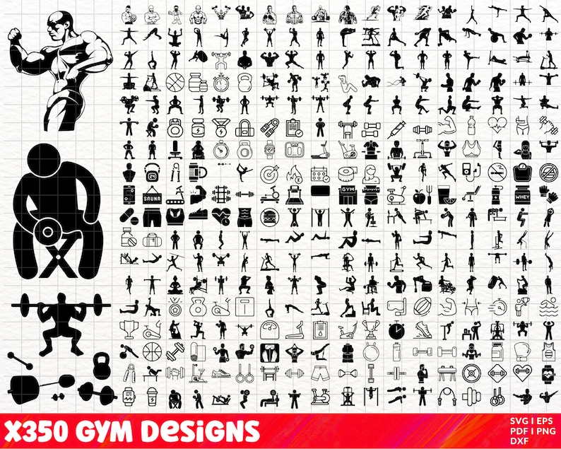 Op de afbeelding: Een set van 350 zwart-witte grafische ontwerp-iconen met een sportschoolthema. De iconen omvatten verschillende fitnessapparatuur, oefeningen en motiverende citaten. De set is perfect voor het maken van sportschoolgerelateerde ontwerpen, zoals T-shirts, posters en social media-graphics.