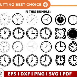May include: A black and white digital download bundle of 20 clock SVG cut files. The bundle includes various clock designs, including analog and digital clocks, with different styles and shapes.