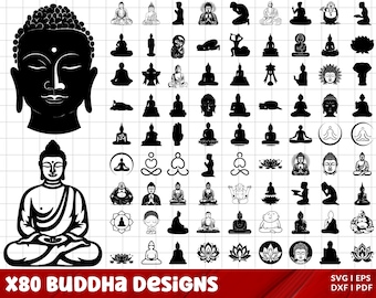May include: A set of 80 black and white Buddha silhouette designs. The designs include various poses and styles of the Buddha, including meditating, sitting, standing, and lying down. The designs are perfect for use in crafts, scrapbooking, and other creative projects.