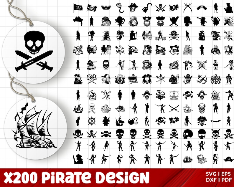 May include: A collection of pirate-themed vector graphics in black and white. The design includes skulls, crossed swords, pirate ships, and various pirate figures. The text "X200 Pirate Design" is displayed at the bottom, with file format options.