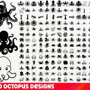 May include: A collection of 190 black and white octopus designs. The designs include various styles of octopus, including cartoon, realistic, and stylized. The designs are perfect for use in crafts, scrapbooking, and other creative projects.