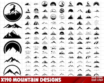 Berg en bos SVG bundel, berg svg clipart, berg en bos silhouetten clipart, heuvels svg, zon svg, maan svg, bomen svg