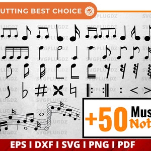 May include: A black and white digital download of over 50 music notes, including treble clef, bass clef, sharps, flats, and other musical symbols. The text "+50 Music Notes" is in orange on a red background. The text "EPS I DXF I SVG I PNG I PDF" is in white on a black background.