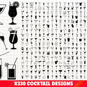 Puede incluir: Una descarga digital en blanco y negro de 330 diseños de cócteles. Los diseños incluyen varios tipos de vasos, botellas y otros artículos relacionados con los cócteles.